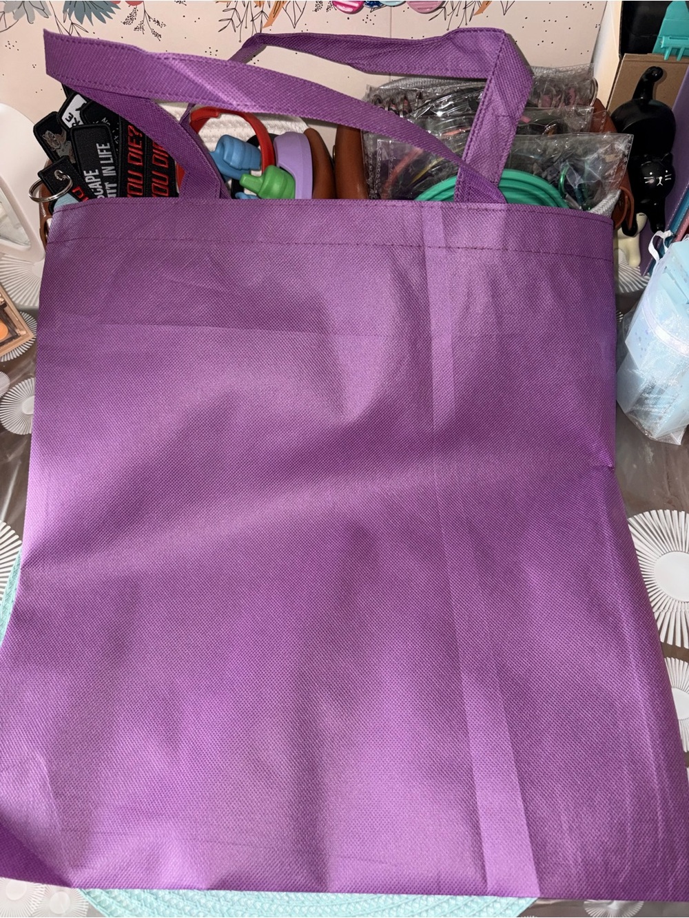 Purple Tote Bag with White Script "That's a Horrible Idea... what time?" 16”x15” - Picture 3 of 3